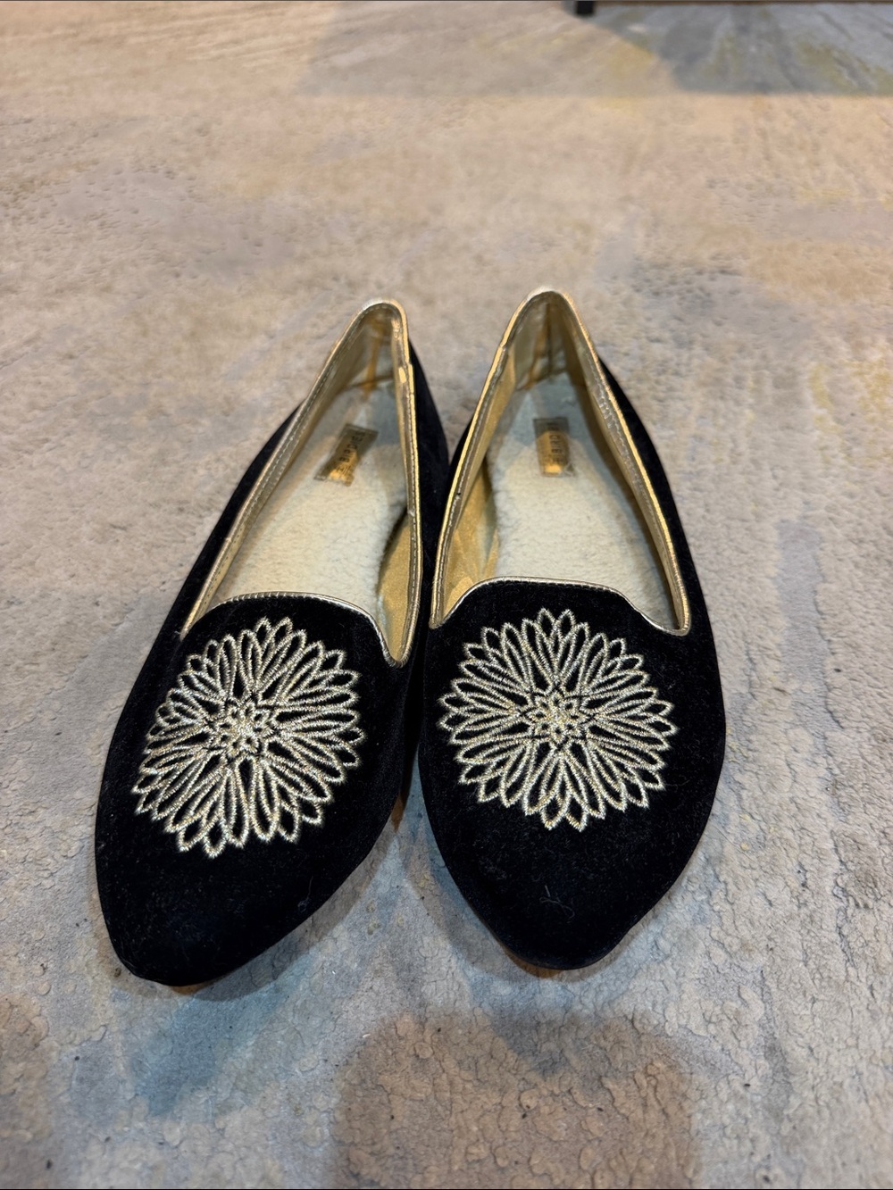 Birdies Black Velvet Pointed-Toe
Flats with Gold Embroidery 8.5